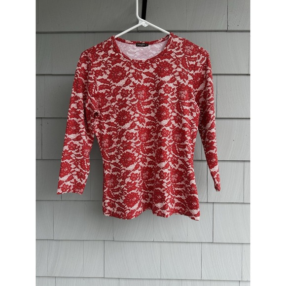 J. McLaughlin Tops - J. McLaughlin Red & White Floral Lace Print 3/4 Sleeve Nylon‎ Spandex Top Sz S